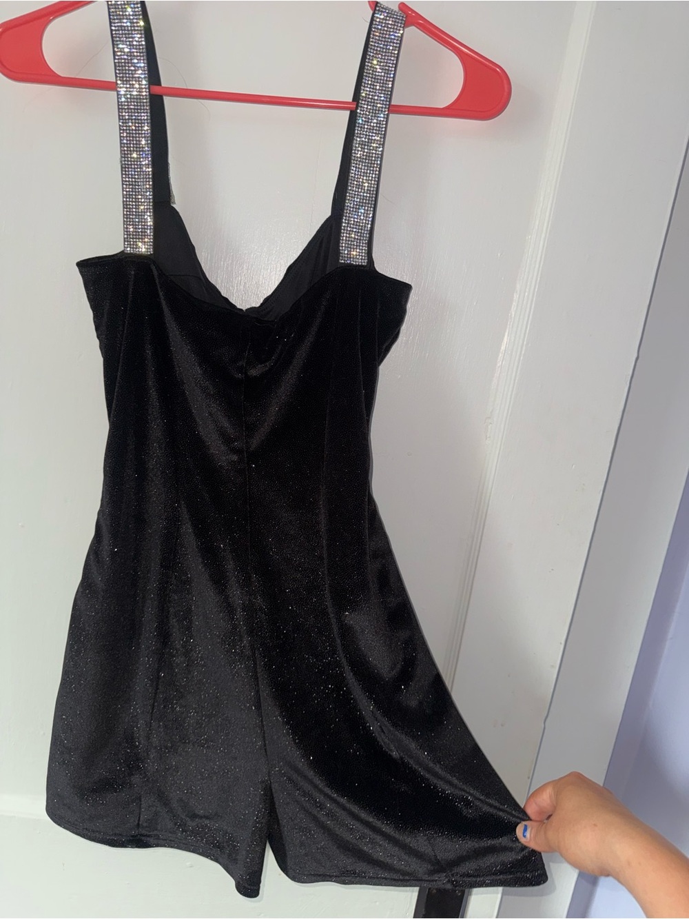 Lucy in the Sky Black Sparkle Romper with Rhinestone Straps